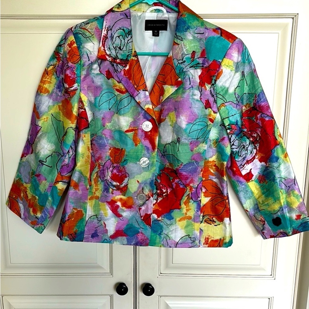 Beautiful abstract floral linen blazer. Investments. Size 10
